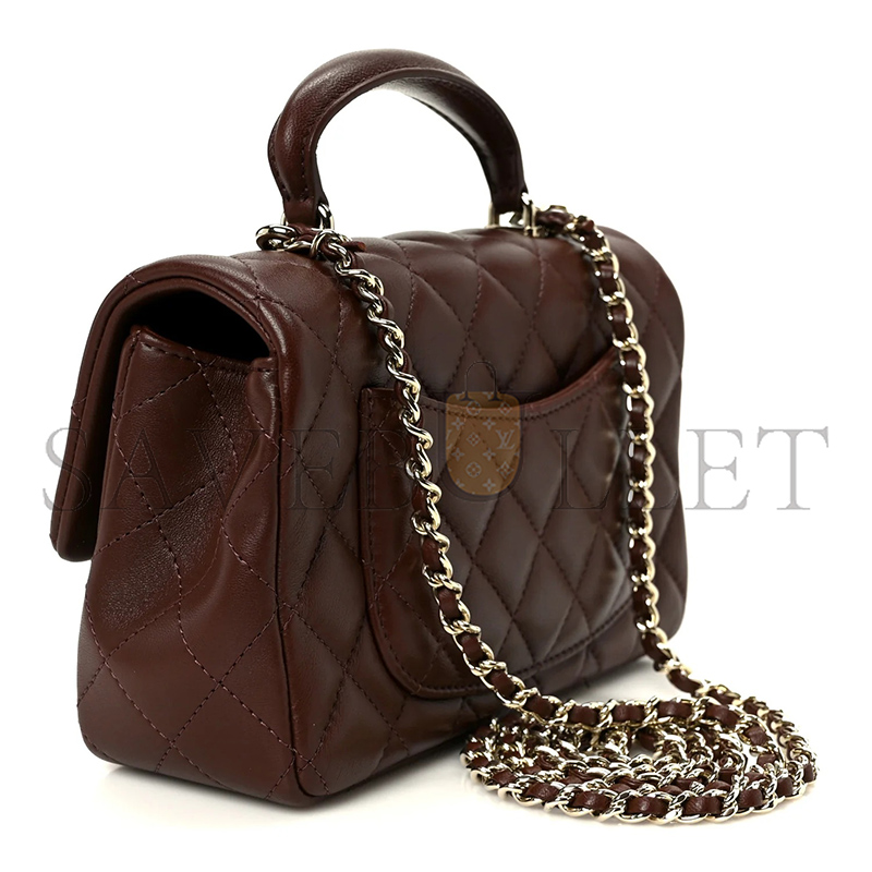 CHANEL LAMBSKIN QUILTED MINI TOP HANDLE RECTANGULAR FLAP DARK BROWN AS2431 (20*12*6cm)